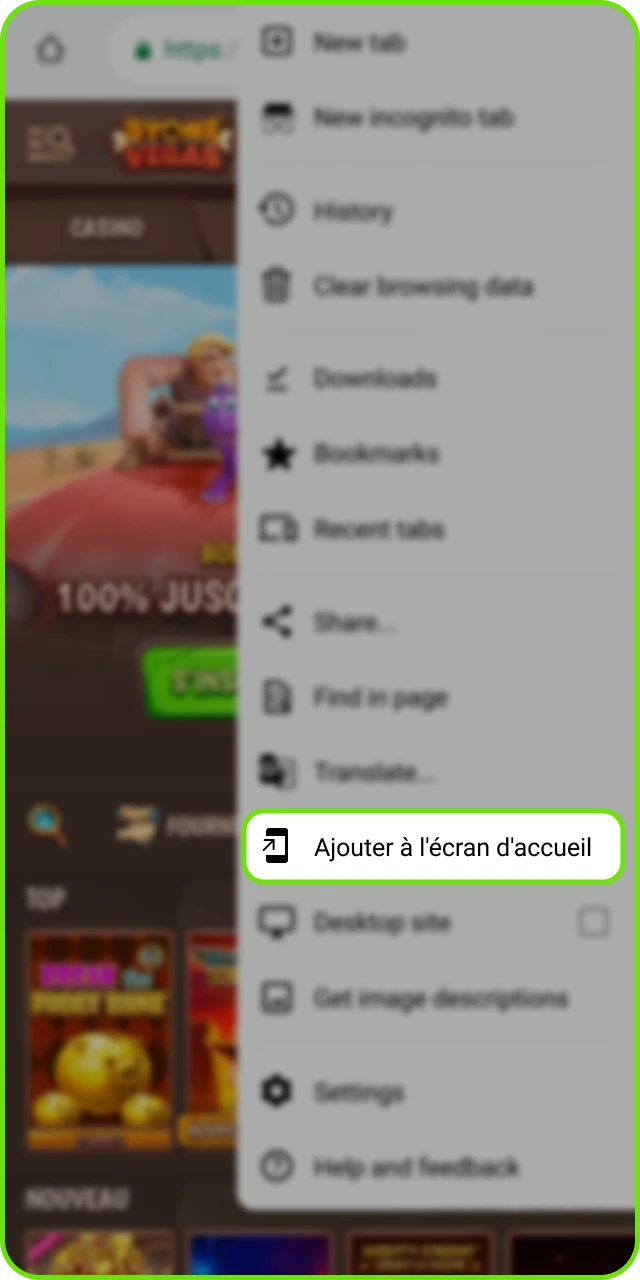 Cliquez sur le bouton pour ajouter l'application StoneVegas à l'écran d'accueil de votre téléphone.