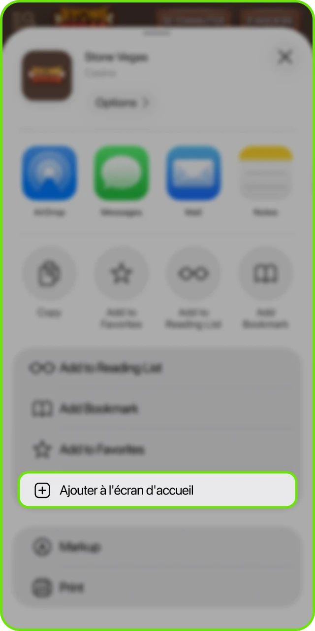 Cliquez sur le bouton Ajouter à l'écran d'accueil pour ajouter le casino en ligne StoneVegas à votre appareil iOS.