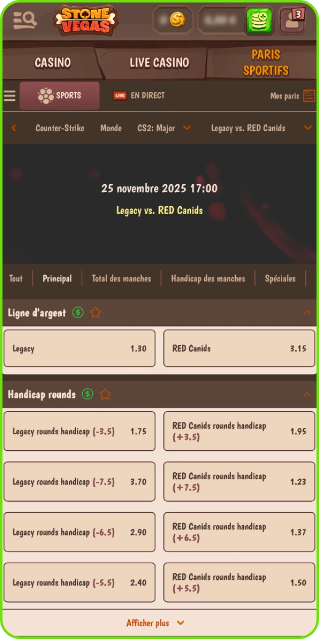 Choisissez le match de votre équipe CS2 préférée sur le casino en ligne Stonevegas.