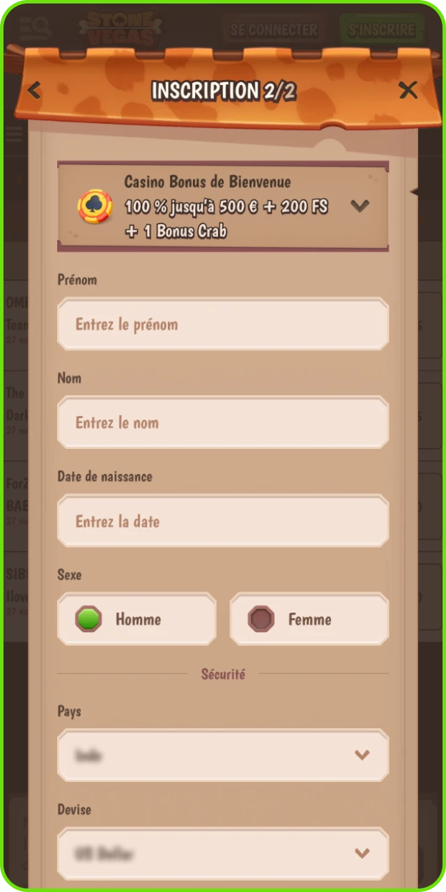 Inscrivez-vous sur le casino en ligne Stonevegas avec votre adresse e-mail.