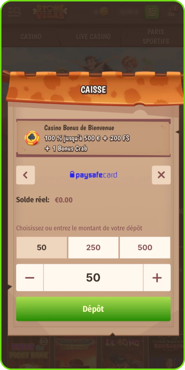 Effectuez un dépôt minimum de 20 € sur le casino en ligne Stonevegas.