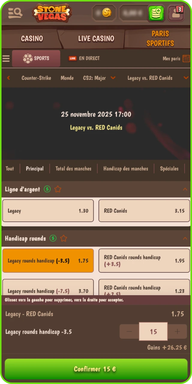 Saisissez le montant de votre mise sur le casino en ligne Stonevegas et attendez vos gains.