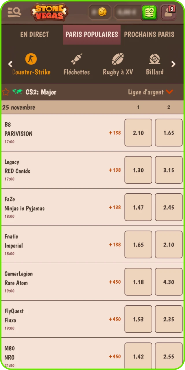 Retrouvez la discipline CS2 dans la section sports du casino en ligne Stonevegas.