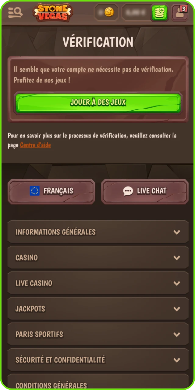 Vérifiez votre compte Stonevegas pour placer des paris.