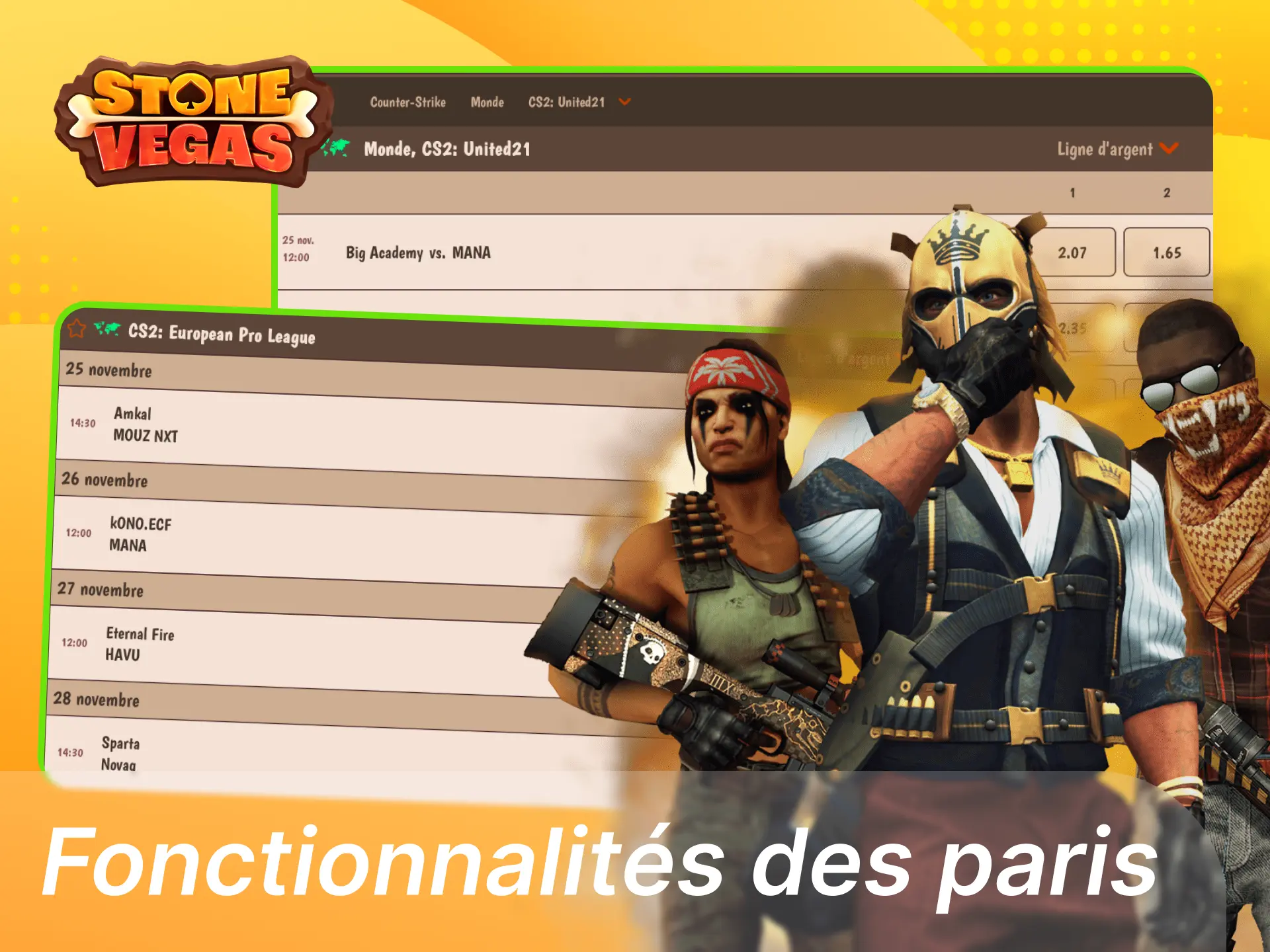 Suivez les scores en direct des matchs de CS2 sur le casino en ligne Stonevegas et placez vos paris gagnants.