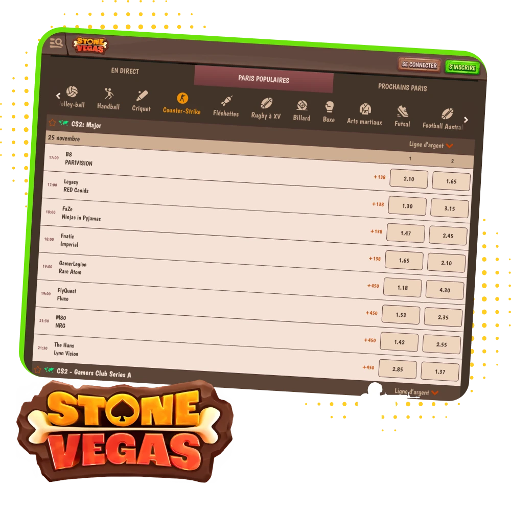 Le meilleur choix aujourd'hui est de parier sur CS2 au casino en ligne Stonevegas.
