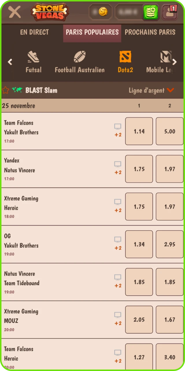 Dans la section sports du casino en ligne Stonevegas, les joueurs trouveront une section consacrée aux matchs de Dota 2.