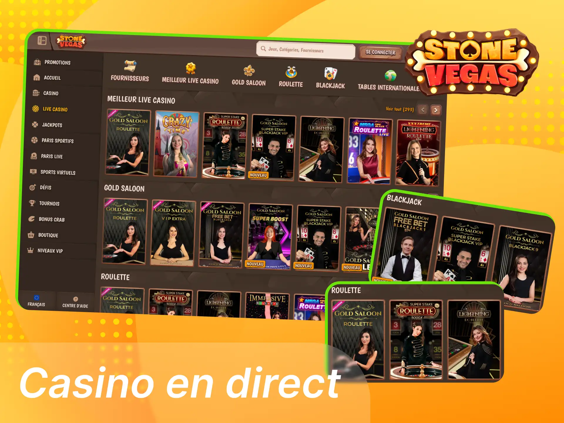 Rendez-vous sur le casino en ligne StoneVegas et jouez au Blackjack et à la Roulette.