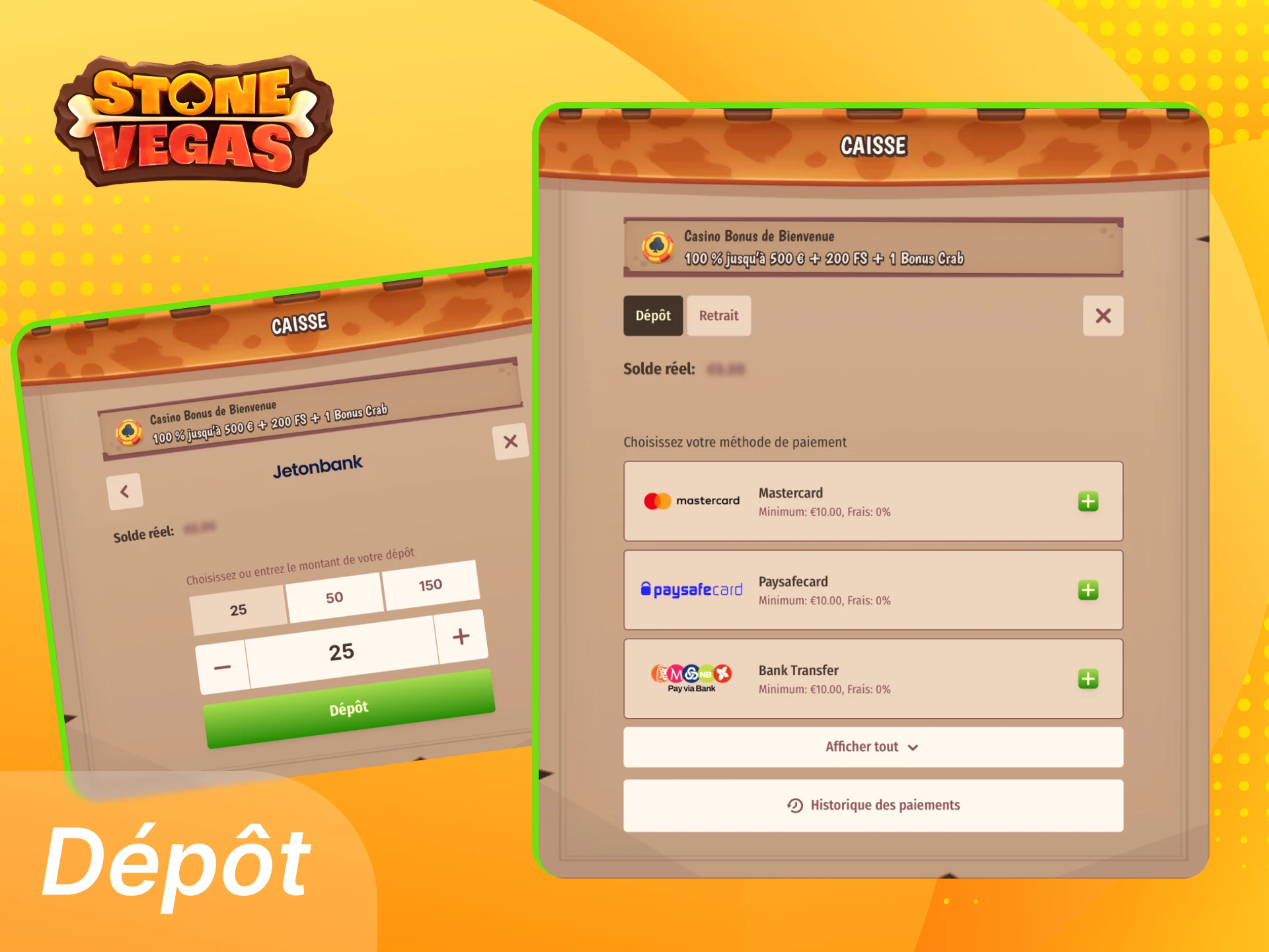 Connectez-vous au casino en ligne StoneVegas pour effectuer un dépôt.