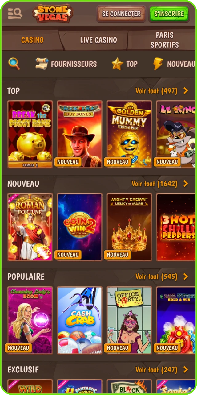 Visitez la section jeux de casino du casino en ligne StoneVegas, où vous trouverez des jeux des meilleurs fournisseurs.