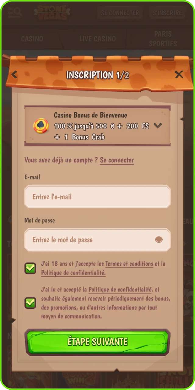 Utilisez votre adresse e-mail pour vous inscrire au casino en ligne StoneVegas.