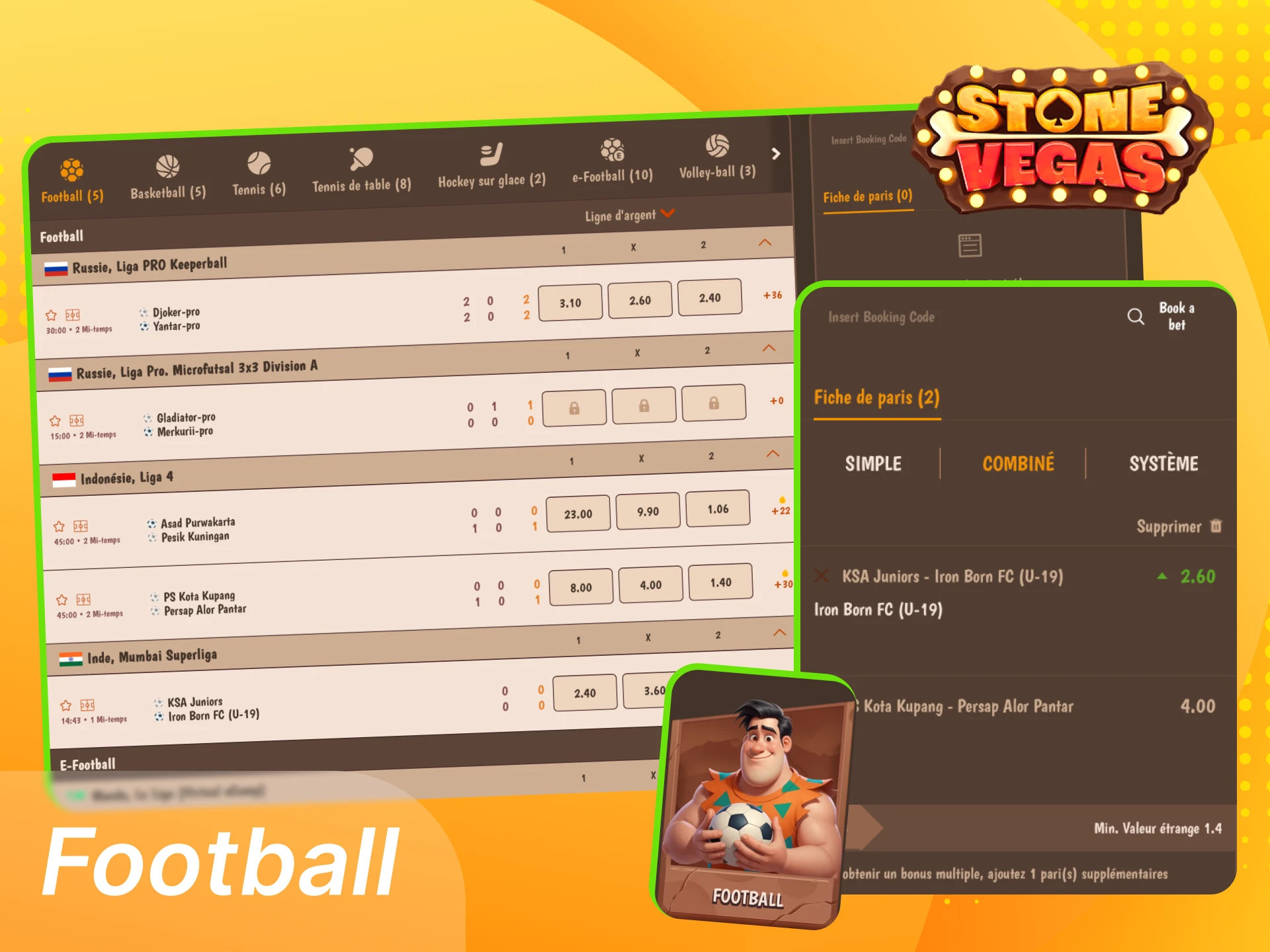 Placez vos paris sur les matchs de football de la FIFA et de l'UEFA au casino en ligne StoneVegas.