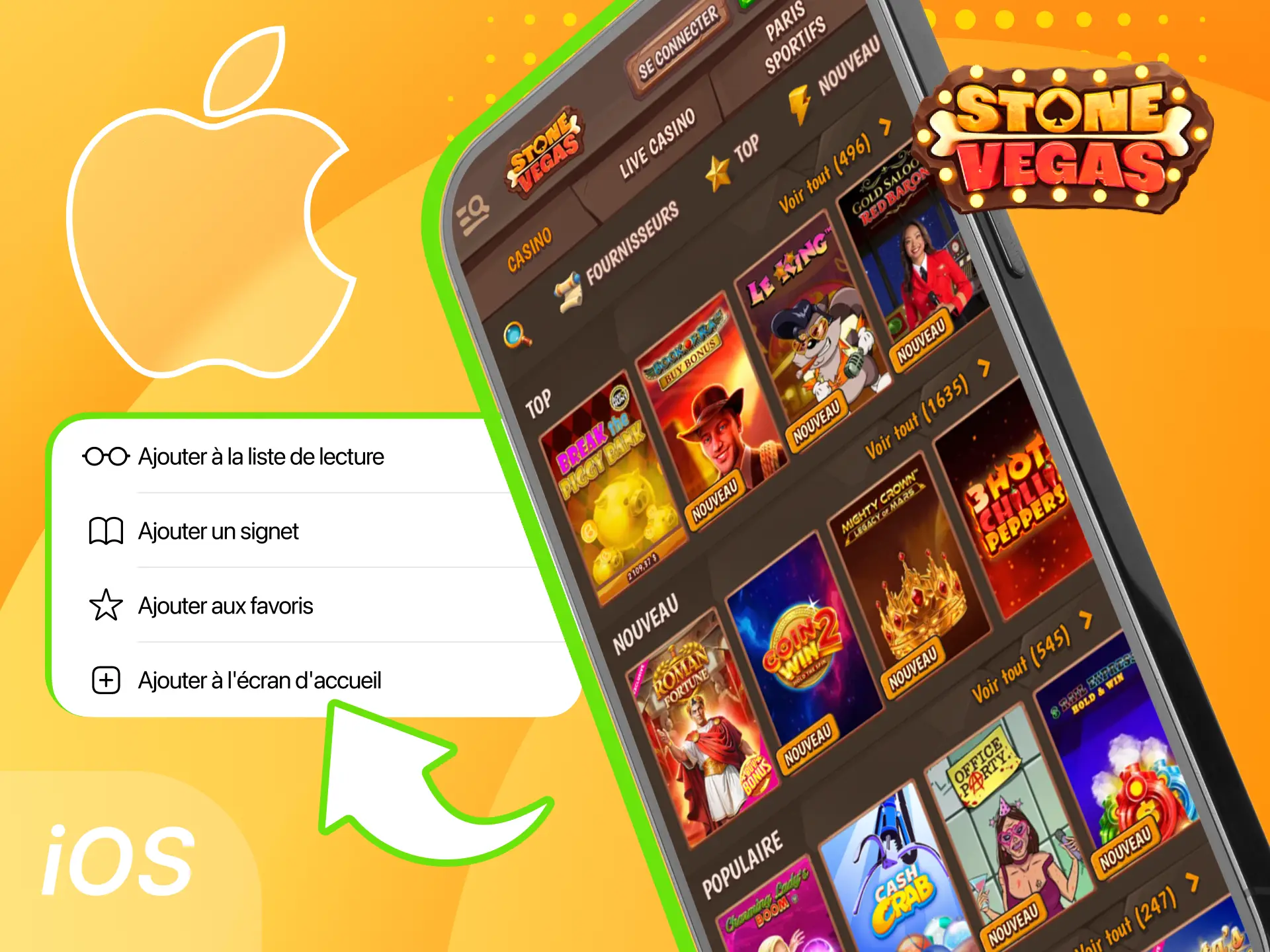 Placez vos paris sur le casino en ligne StoneVegas depuis votre téléphone iOS.