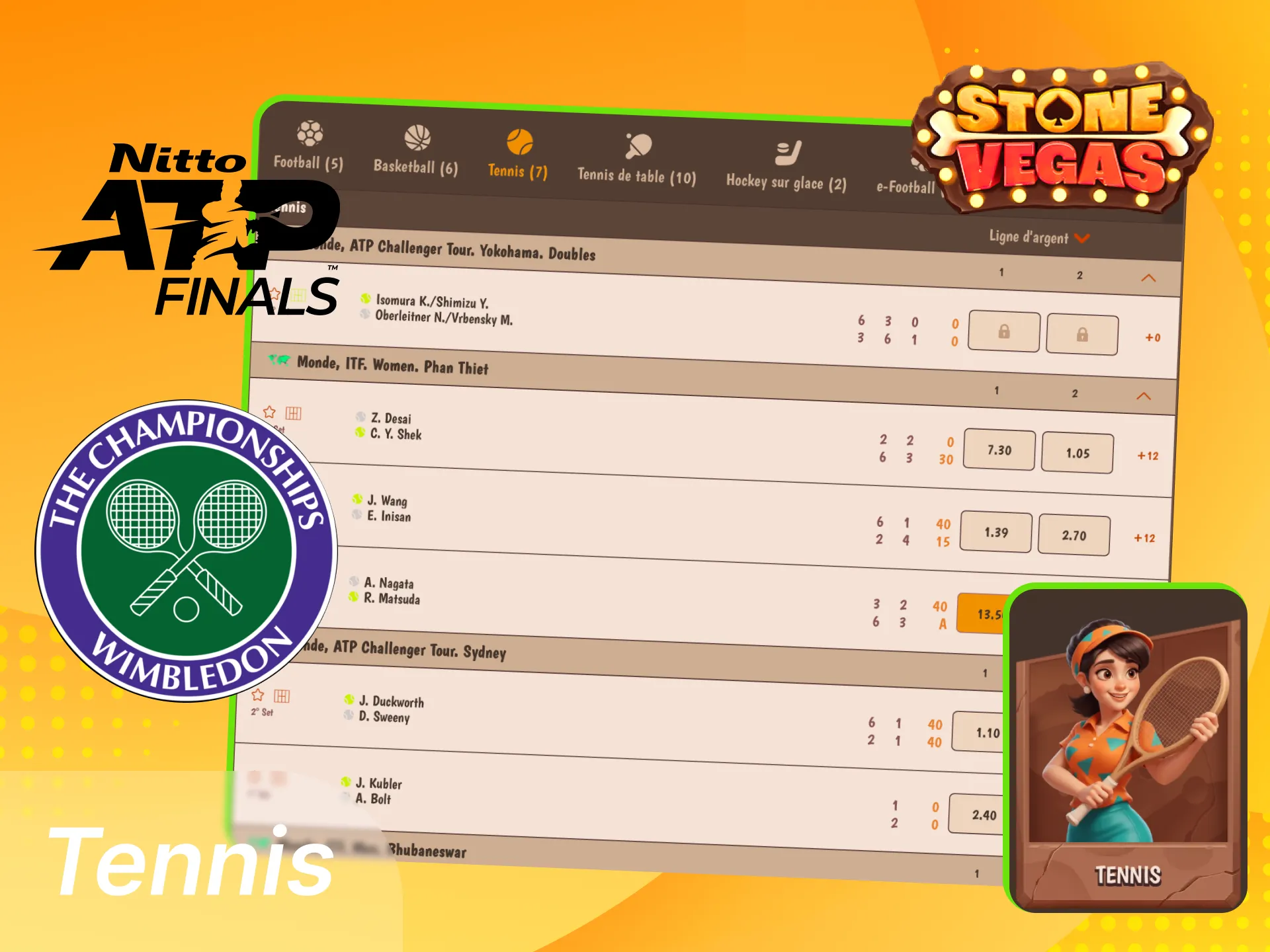 Placez vos paris sur le tennis au casino en ligne StoneVegas en quelques clics seulement.