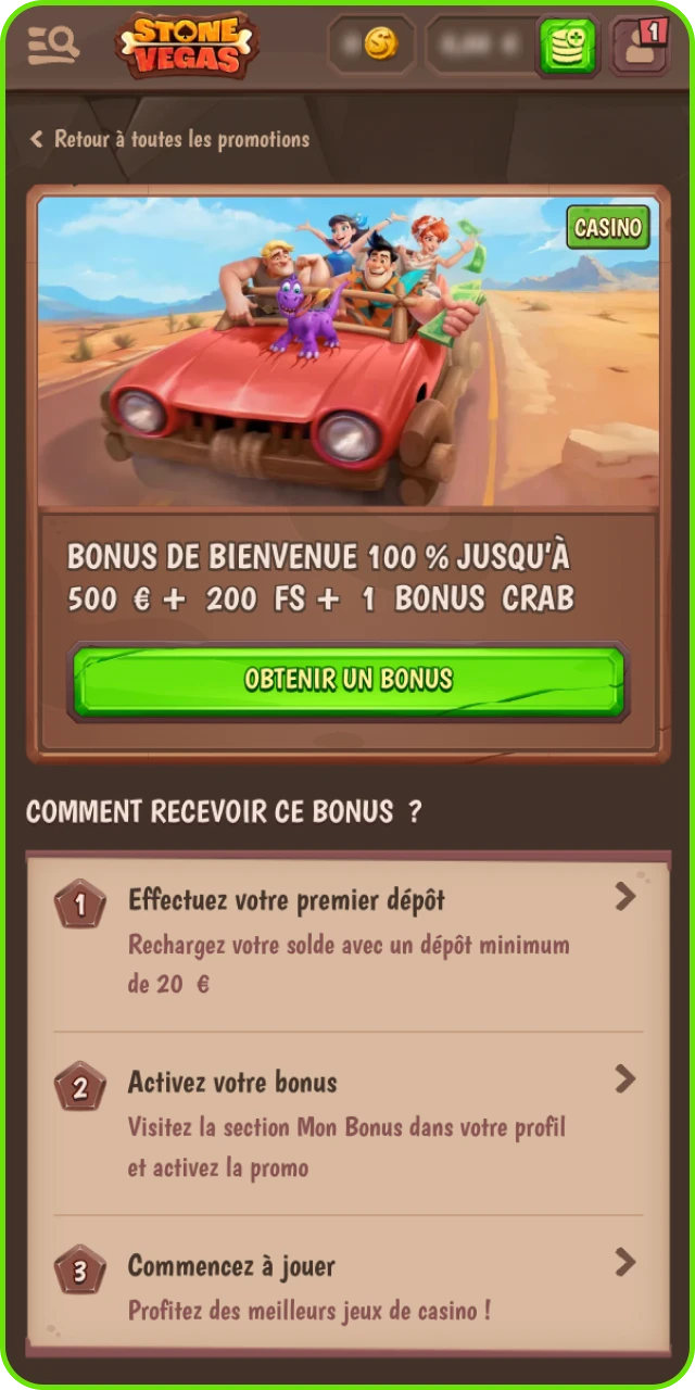 Activation du bonus de bienvenue Stonevegas avant le dépôt.