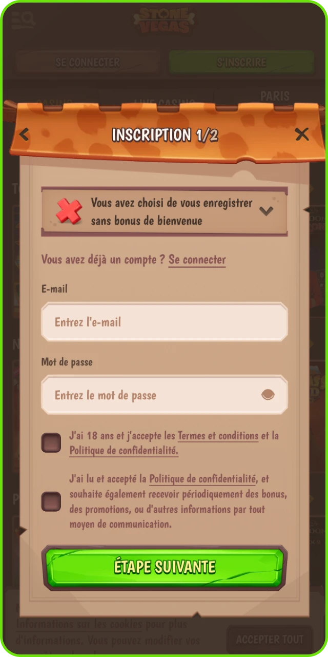 Création de compte Stonevegas avec formulaire email mot de passe et pays.