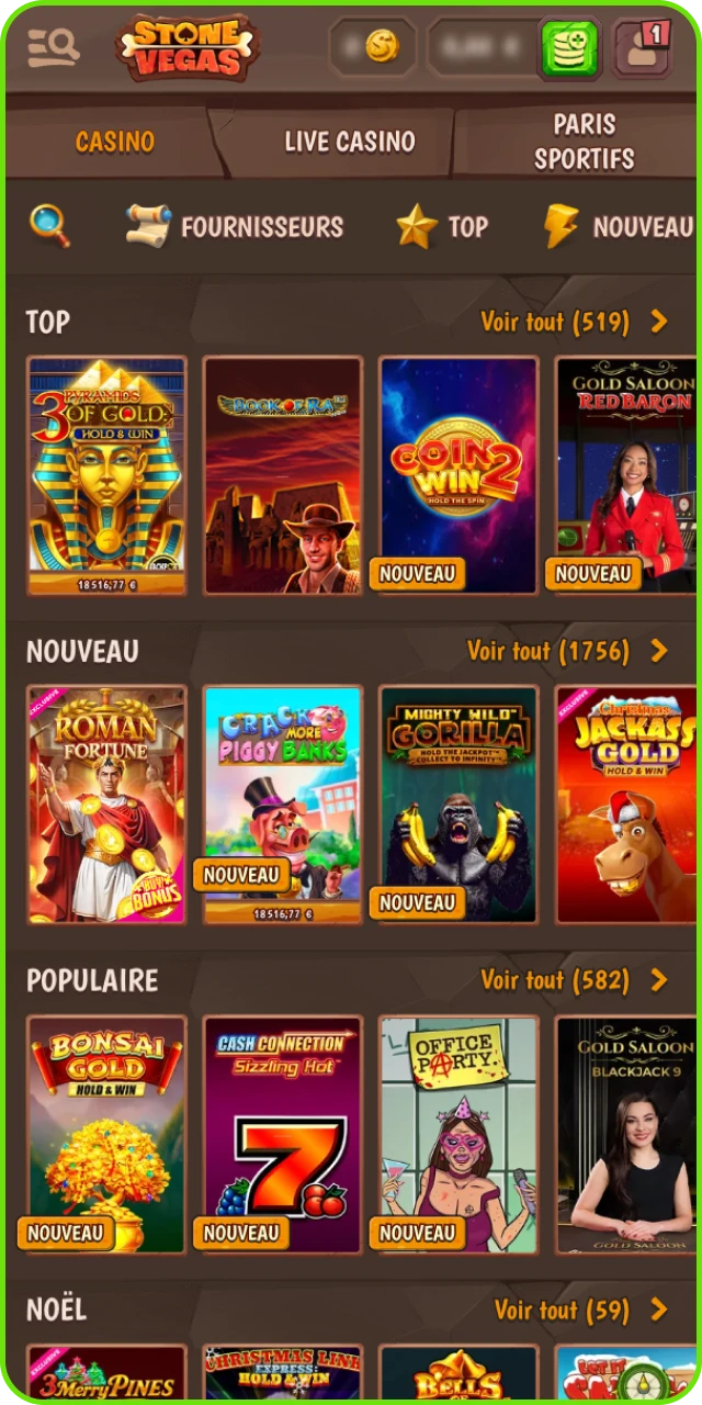 Accès aux machines à sous jeux de table et paris sportifs sur Stonevegas.