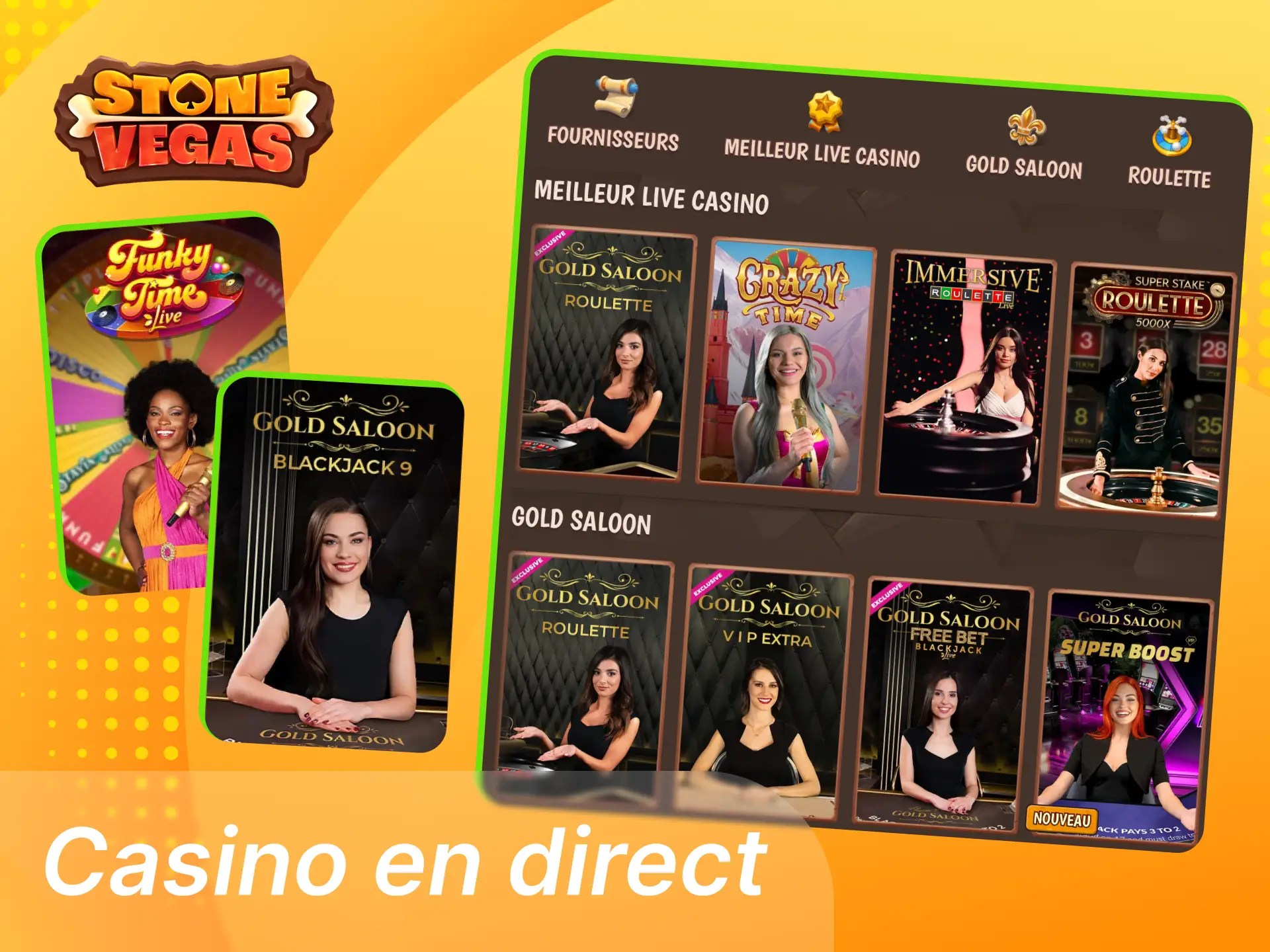 Jeux de casino en direct Stonevegas avec croupiers professionnels filmés en temps réel.