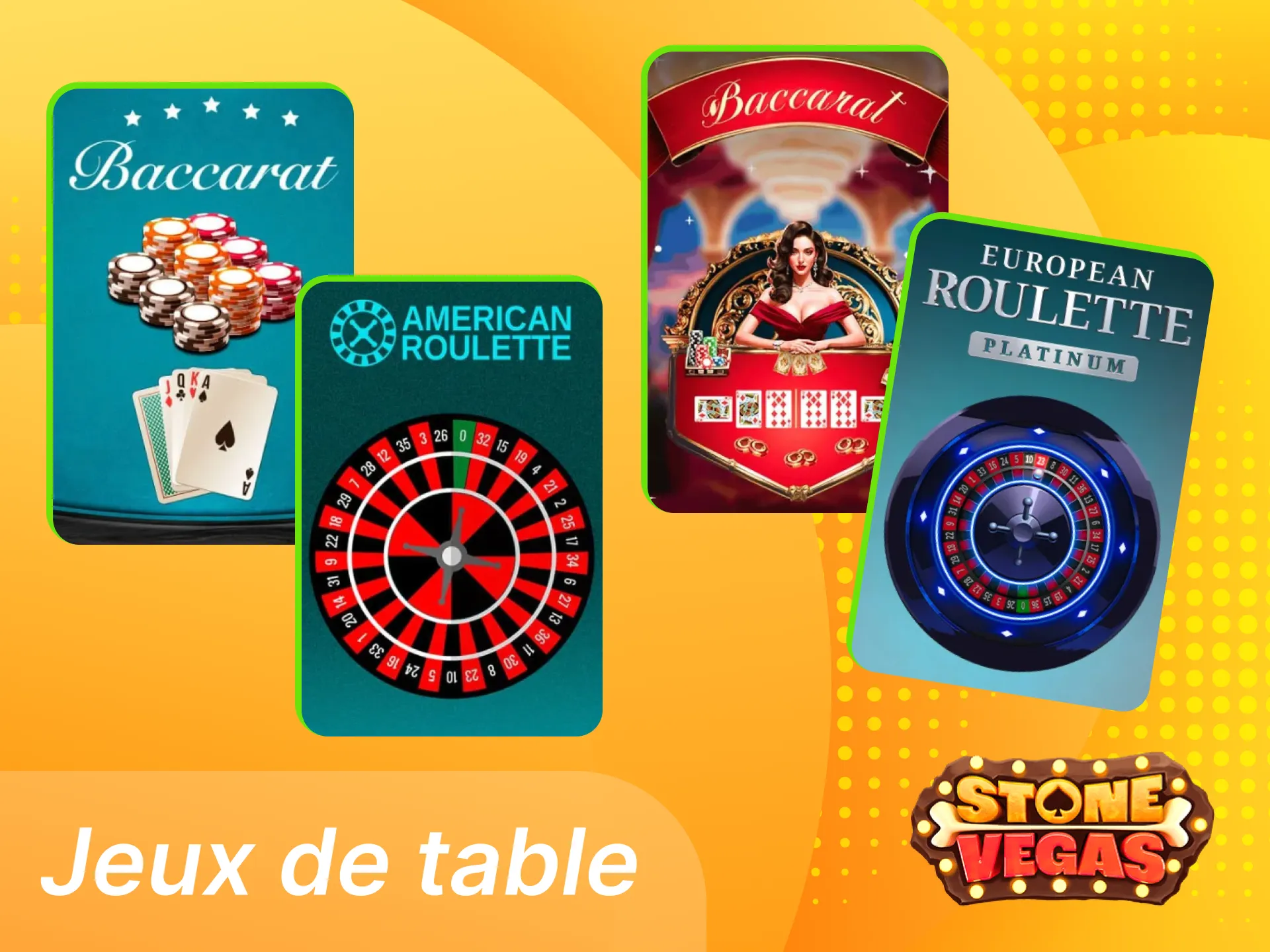 Tables classiques Stonevegas incluant roulette blackjack baccarat et poker.