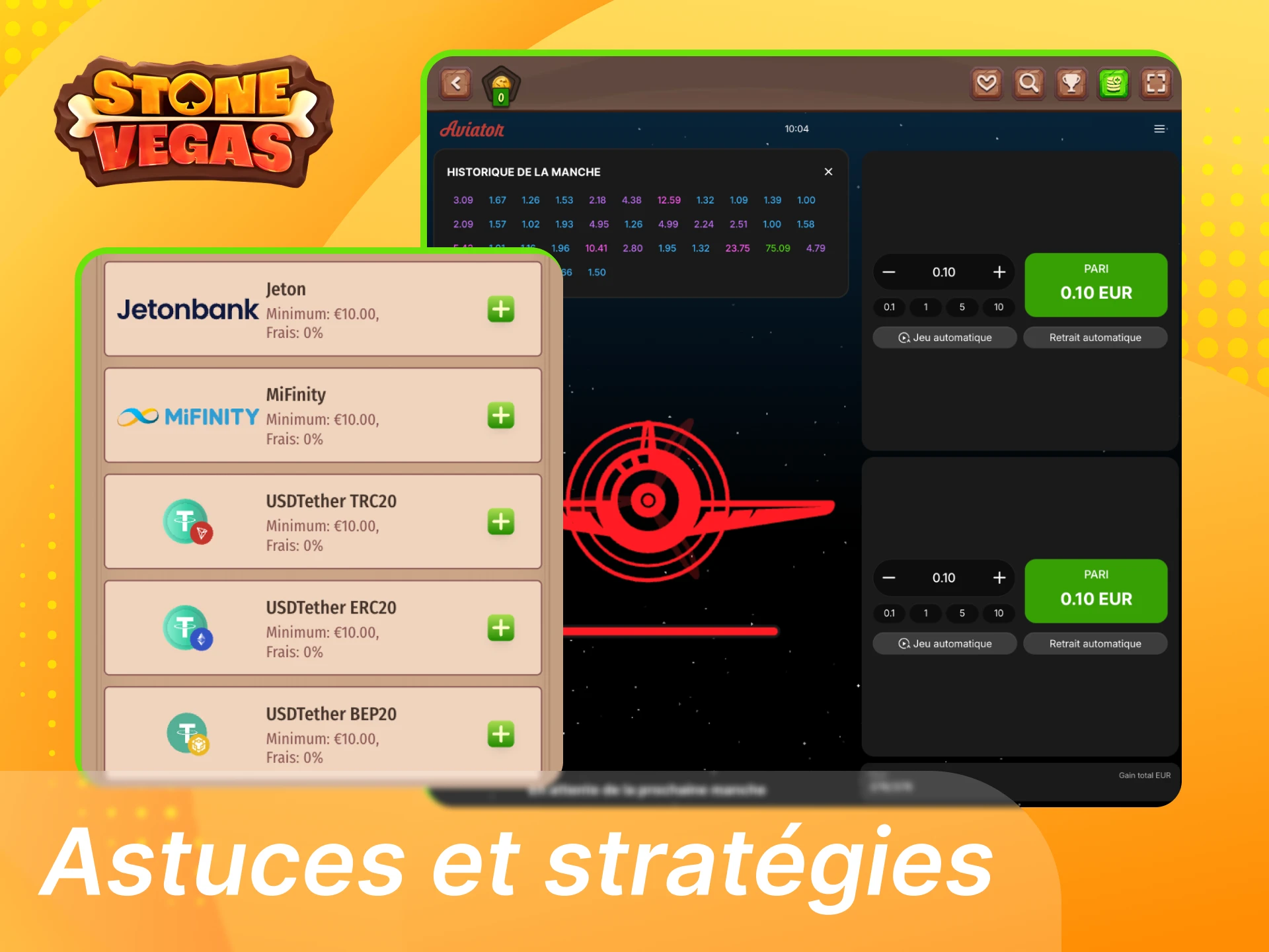 Astuces Aviator Stonevegas avec dépôts en euros via cartes, e-wallets et cryptomonnaies populaires en France.