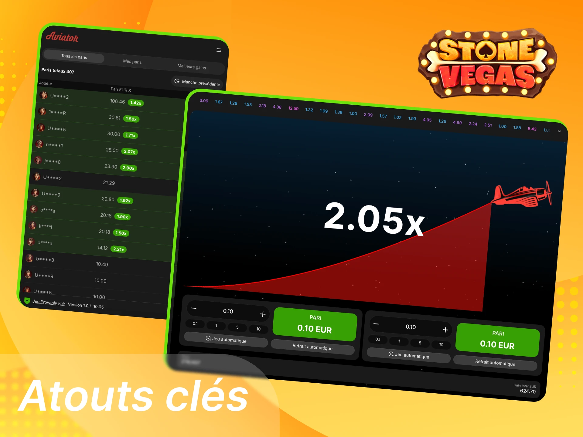 Atouts Aviator Stonevegas avec interface rapide, démo gratuite, bonus de bienvenue, Auto Bet et Auto Cashout, compatible mobile PWA.