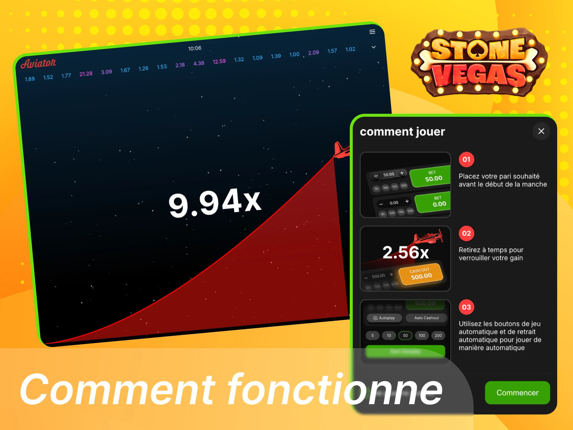 Aviator Stonevegas simple et rapide avec multiplicateur croissant, encaissement stratégique, mises dès 0,10 € et fonctions Auto Bet et Auto Cashout.