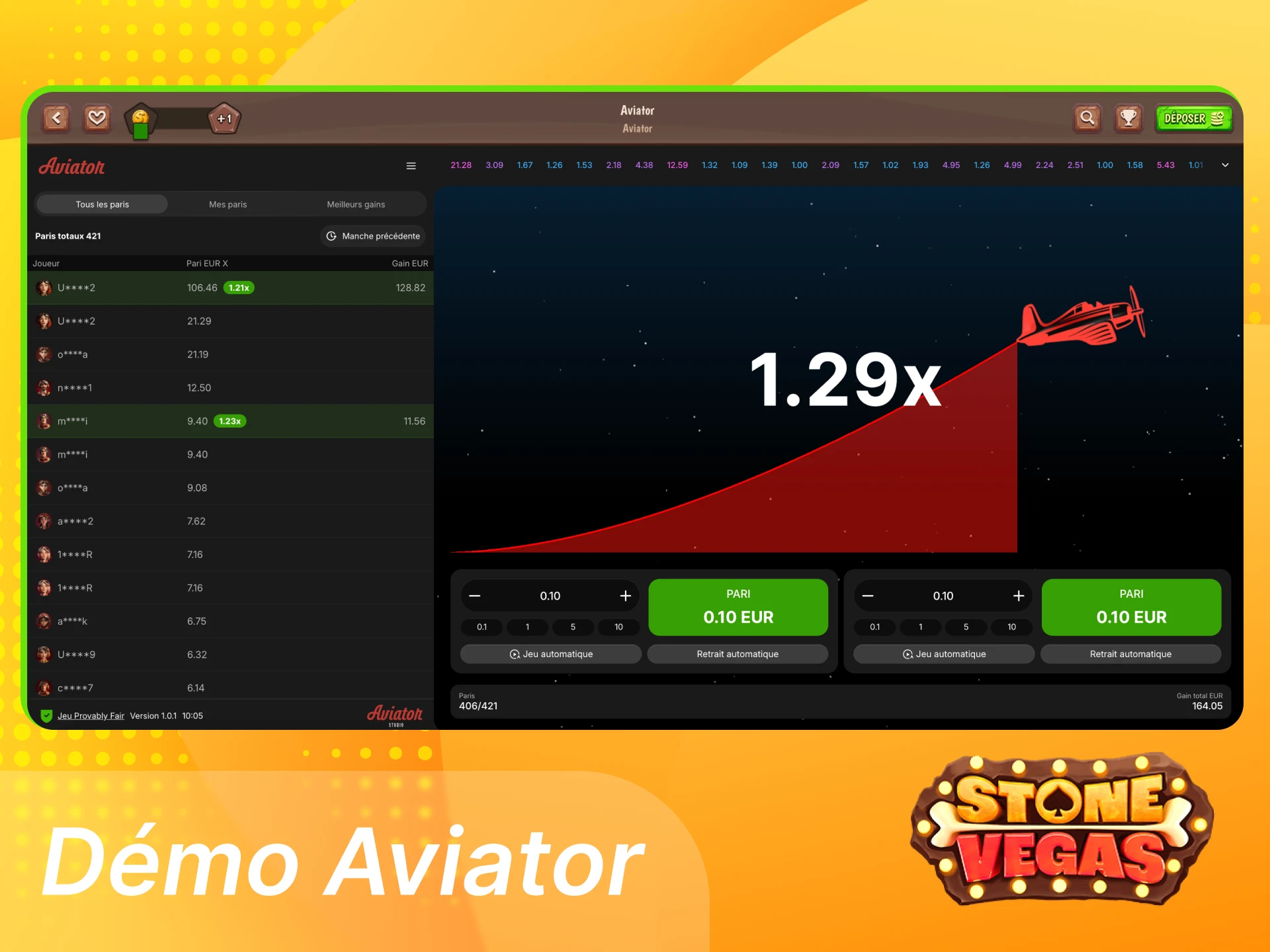Jouer à la démo Aviator Stonevegas avec argent virtuel pour tester mécaniques, multiplicateur et fonctions Auto Bet et Auto Cashout.