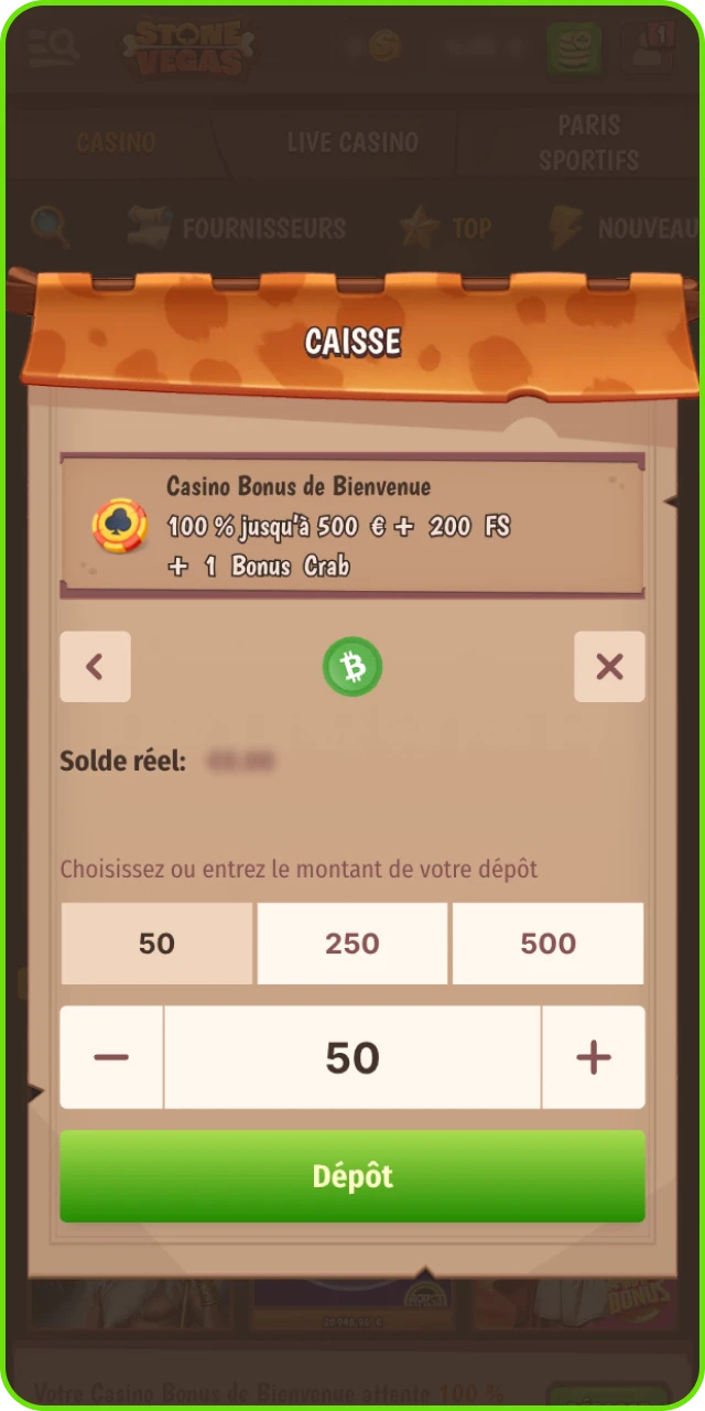 Dépôt minimum sur Stonevegas via méthode de paiement française.