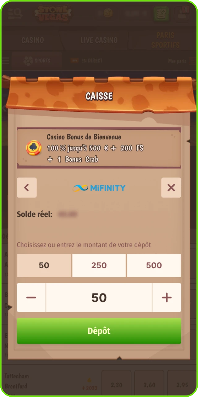 Dépôt via méthode de paiement acceptée sur Stonevegas.