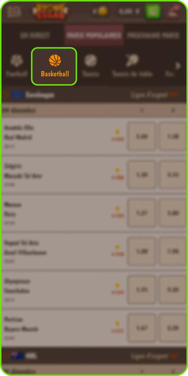 Accès à la section Basket Stonevegas avec filtres par ligue ou date.