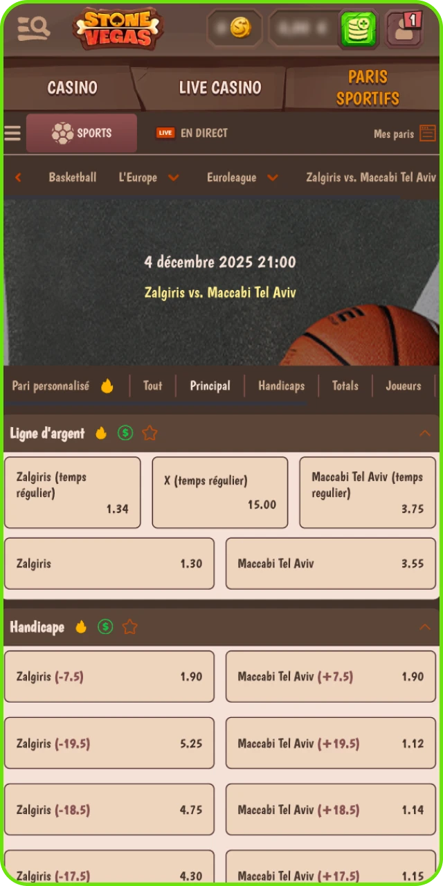 Sélection du marché de pari basket Stonevegas comme vainqueur, handicap ou totaux.