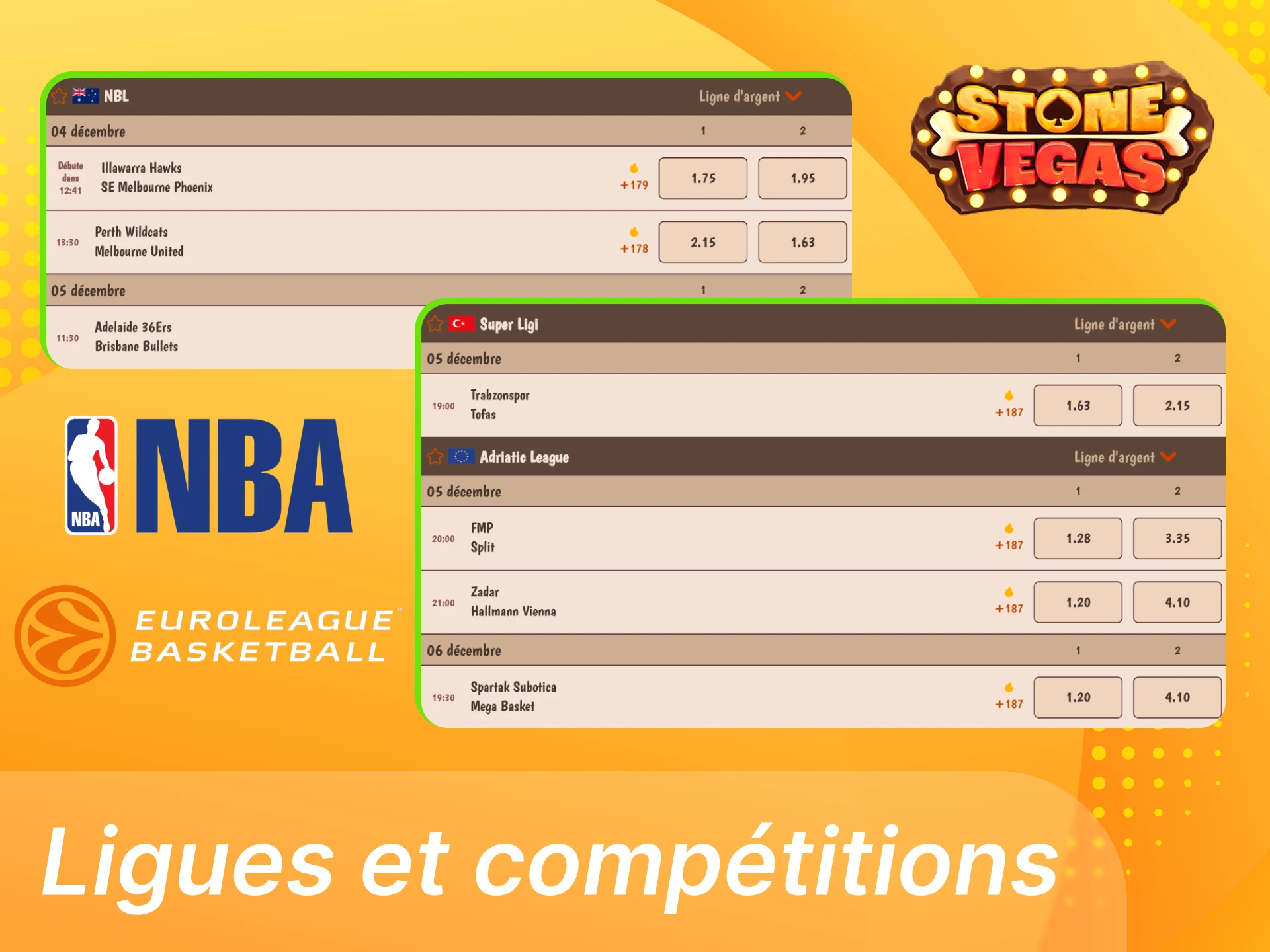 Ligues et compétitions de basket populaires sur Stonevegas incluant NBA, EuroLeague, Betclic Élite, EuroCup, BCL et WNBA.
