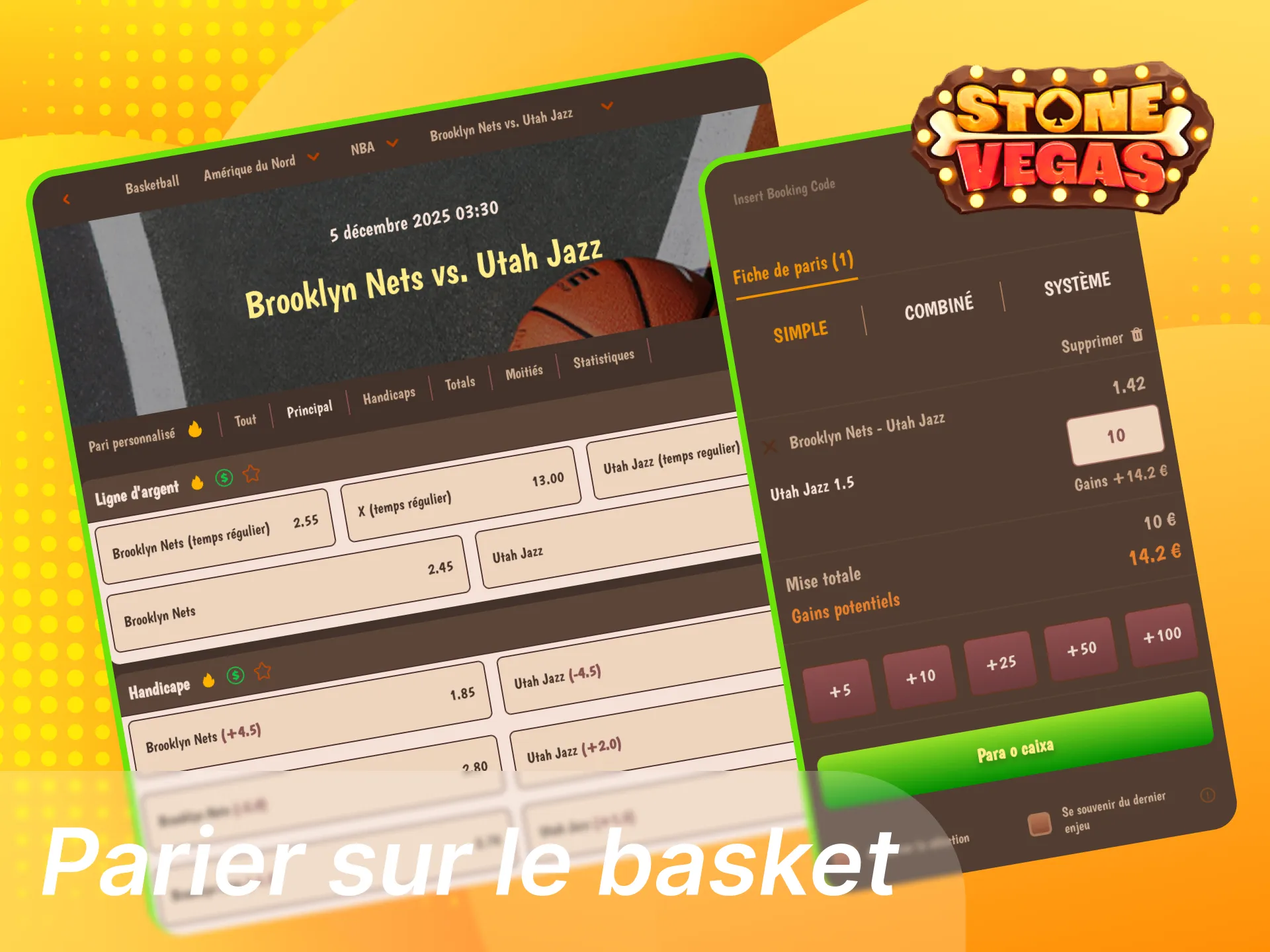 Atouts pour parier au basket sur Stonevegas avec cotes en temps réel, marchés complets, Cash Out, builder de paris et statistiques live.
