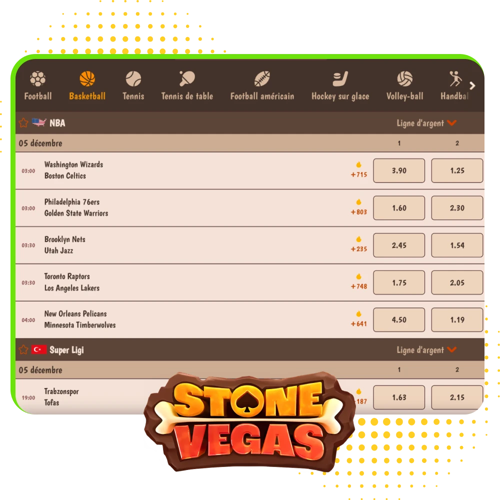 Pariez sur le basket national et international sur Stonevegas avec cotes pré‑match et live, Cash Out, combinés et bonus de bienvenue.