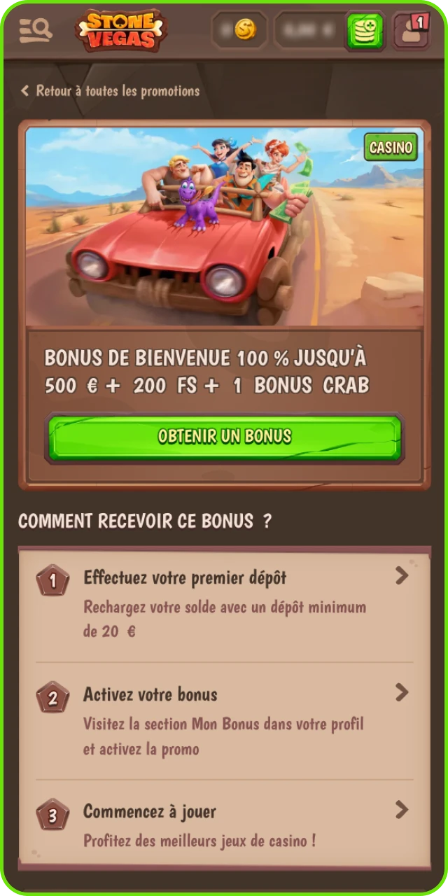 Activer le bonus de bienvenue sur le casino en ligne Stonevegas après avoir consulté les conditions.