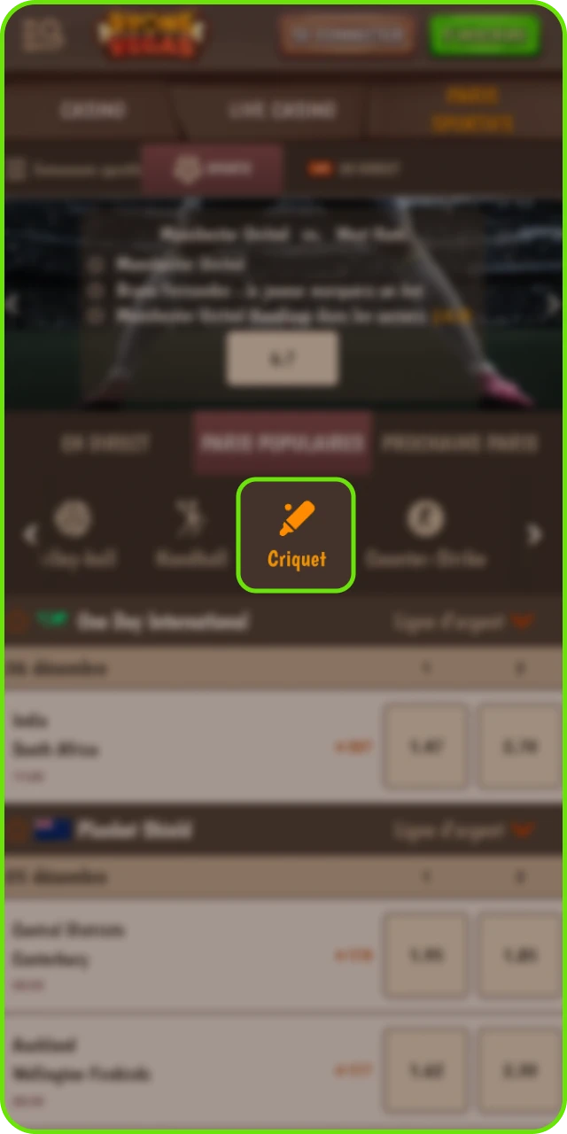 Sélection de la ligue et du match cricket sur Stonevegas avec comparaison des marchés et statistiques.