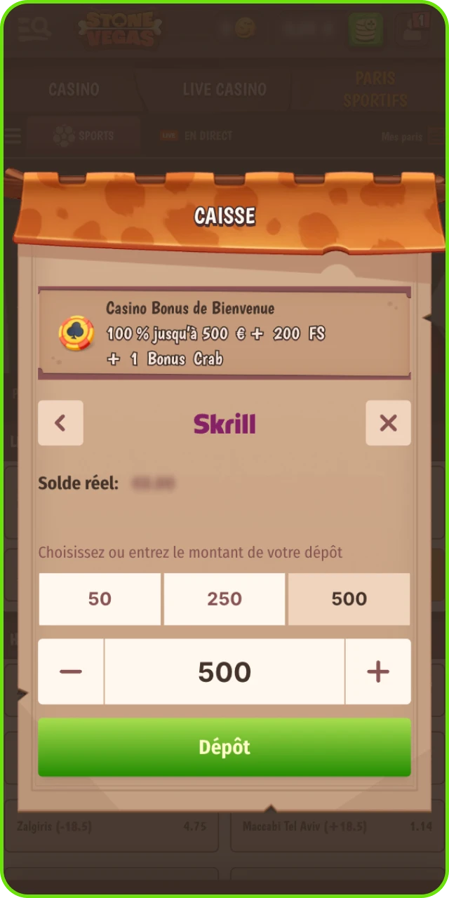 Dépôt de fonds sur Stonevegas via carte ou virement pour les paris cricket.