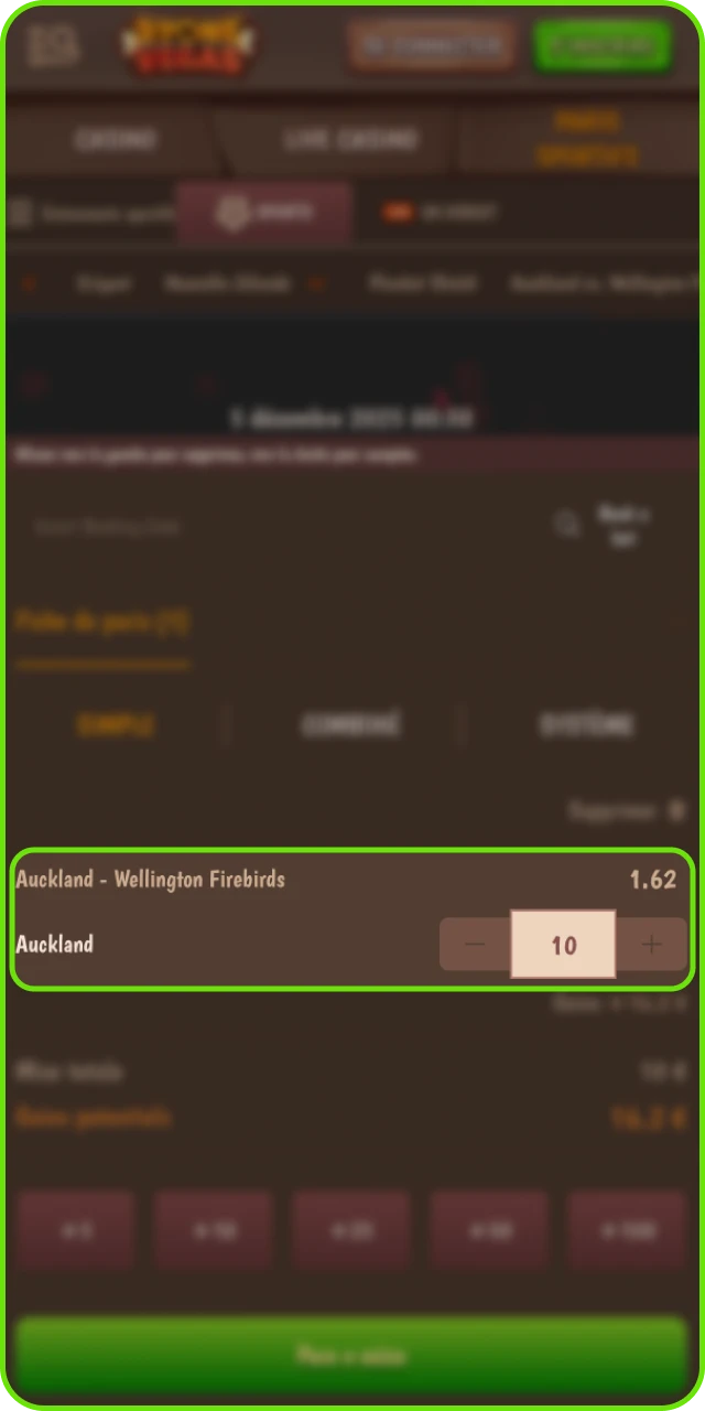 Placement du pari cricket sur Stonevegas avec saisie de la mise, validation et suivi live avec Cash Out.