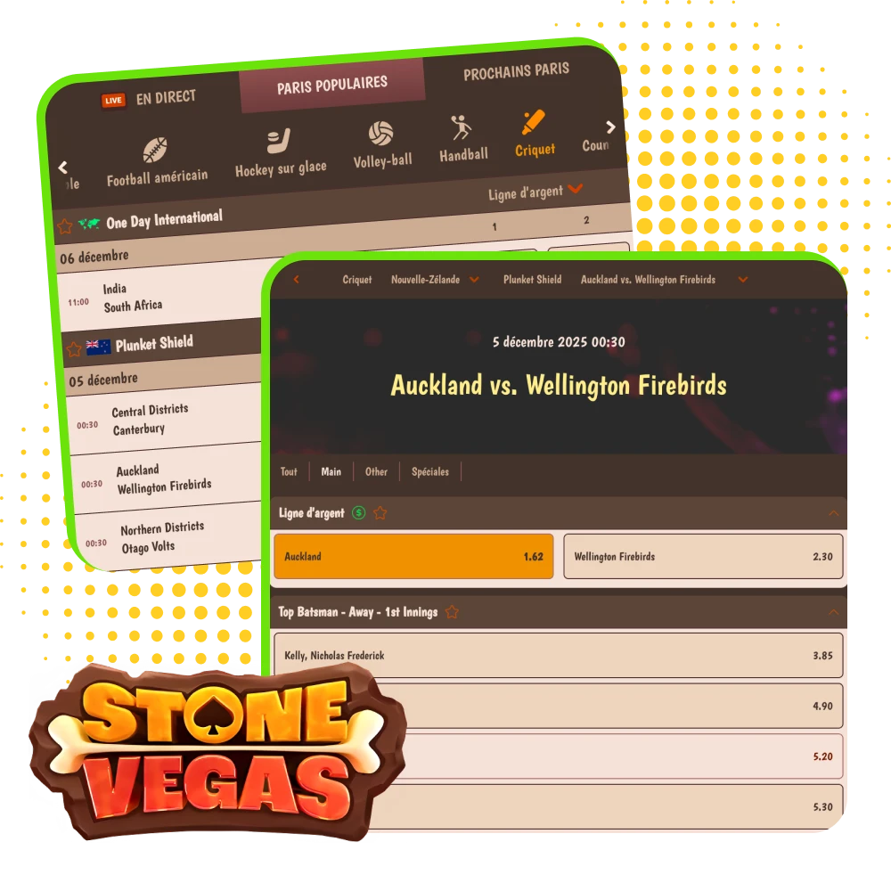 Pariez sur le cricket sur Stonevegas avec marchés clairs, cotes en direct, statistiques et bonus de bienvenue casino et sport.