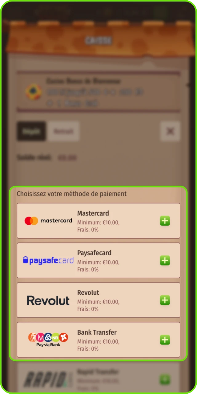 Sélection de la méthode de paiement : carte, portefeuille, virement ou crypto, saisie du montant minimum 10 €.