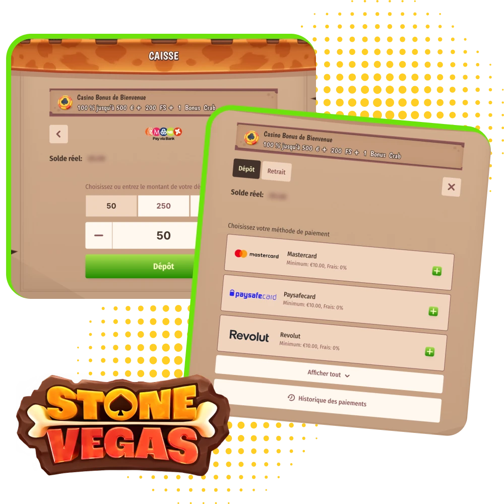 Stonevegas propose de déposer facilement en France, avec cartes, portefeuilles et virement, montant minimum 10 €, bonus premier dépôt casino et sport disponibles.
