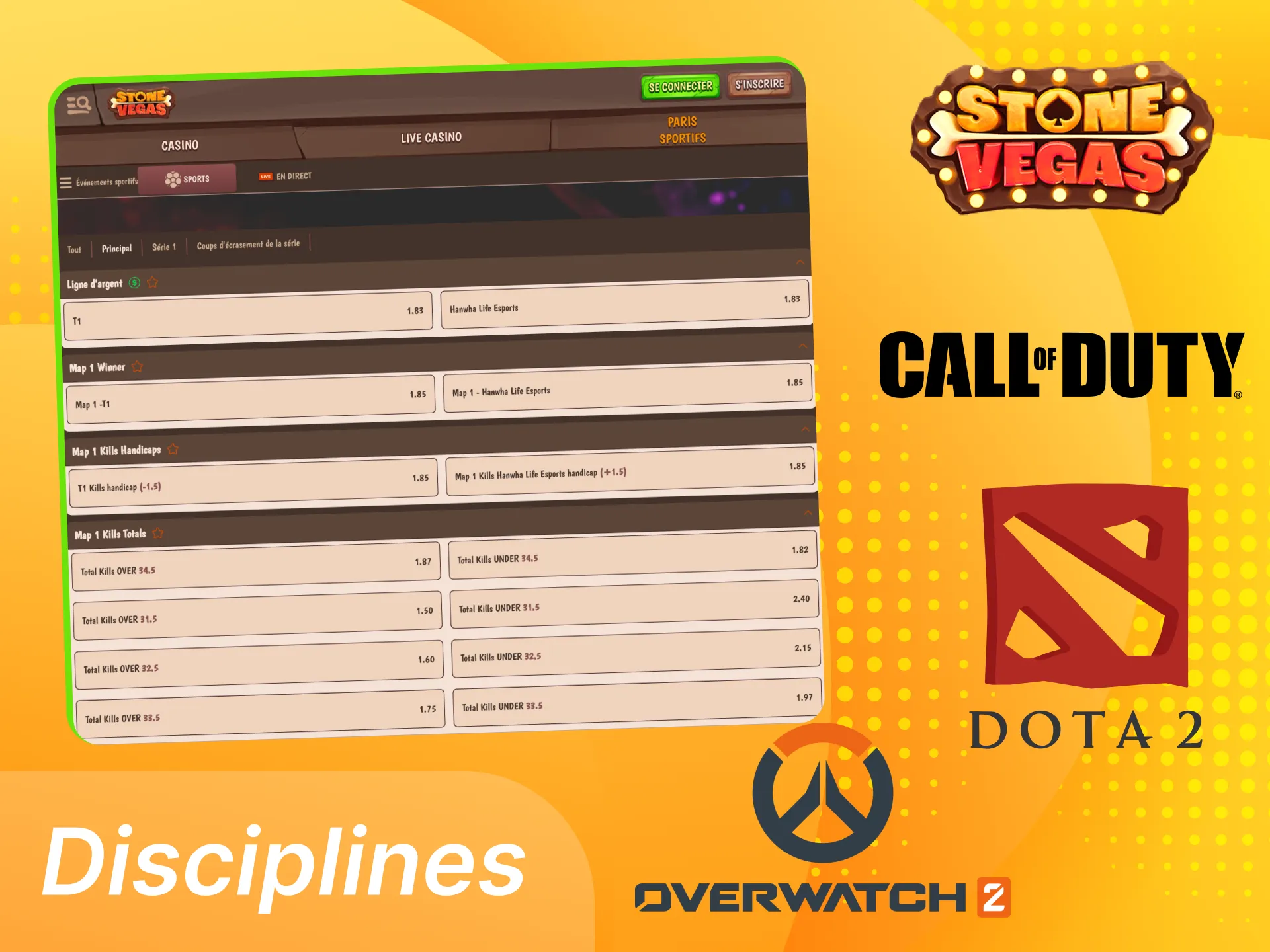 Choisissez une discipline d'e-sport pour vos paris au casino en ligne Stonevegas.