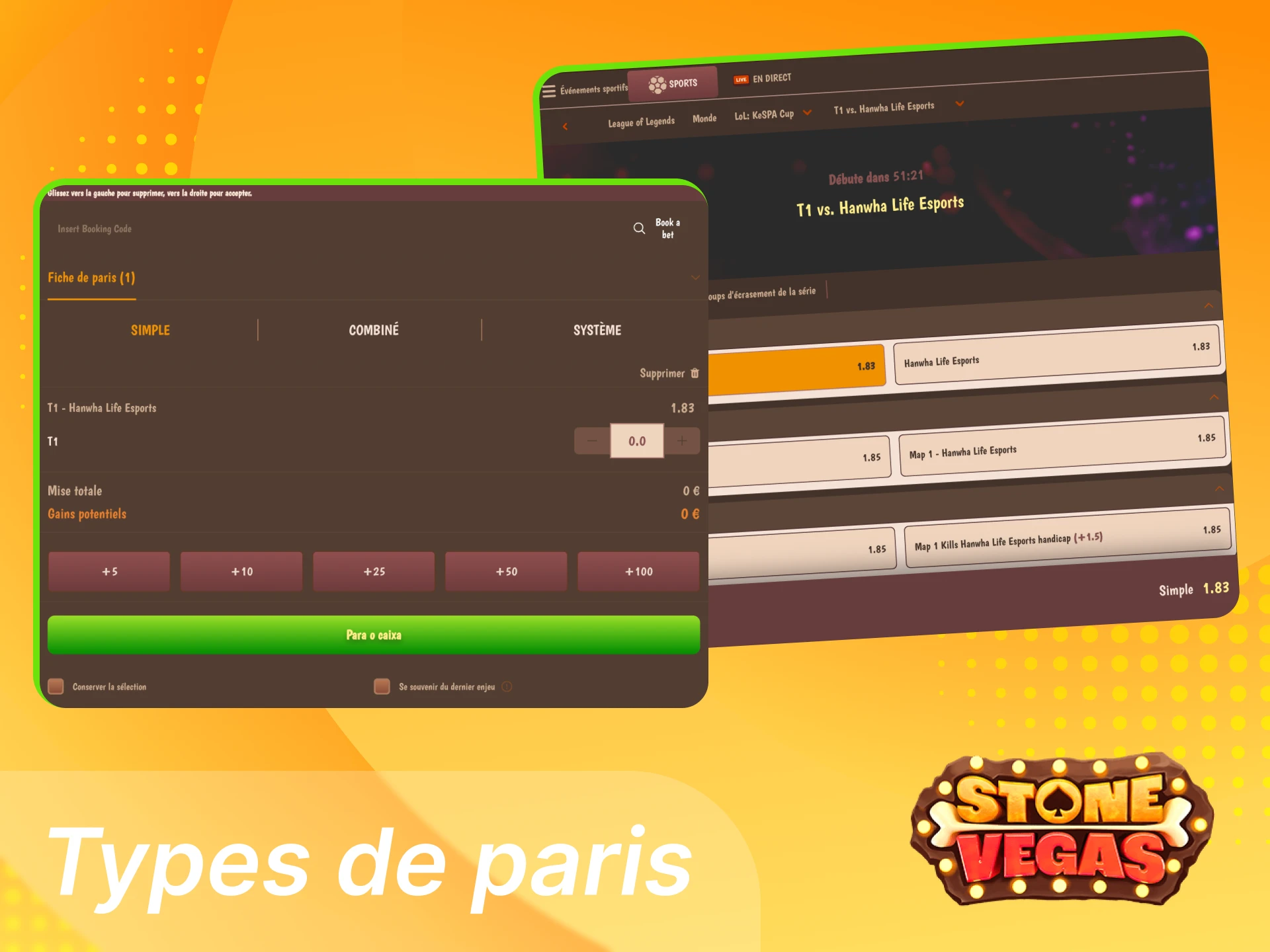Découvrez plus en détail les types de paris e-sport disponibles sur le casino en ligne Stonevegas.