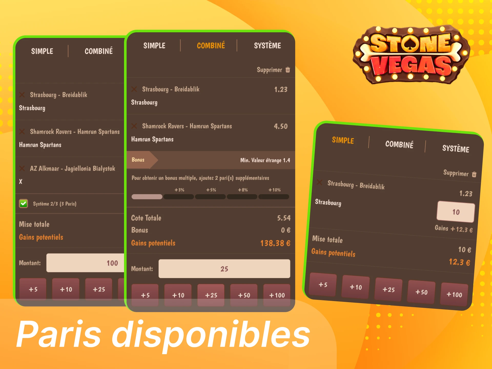 StoneVegas propose aux joueurs des paris simples, combinés et systèmes.
