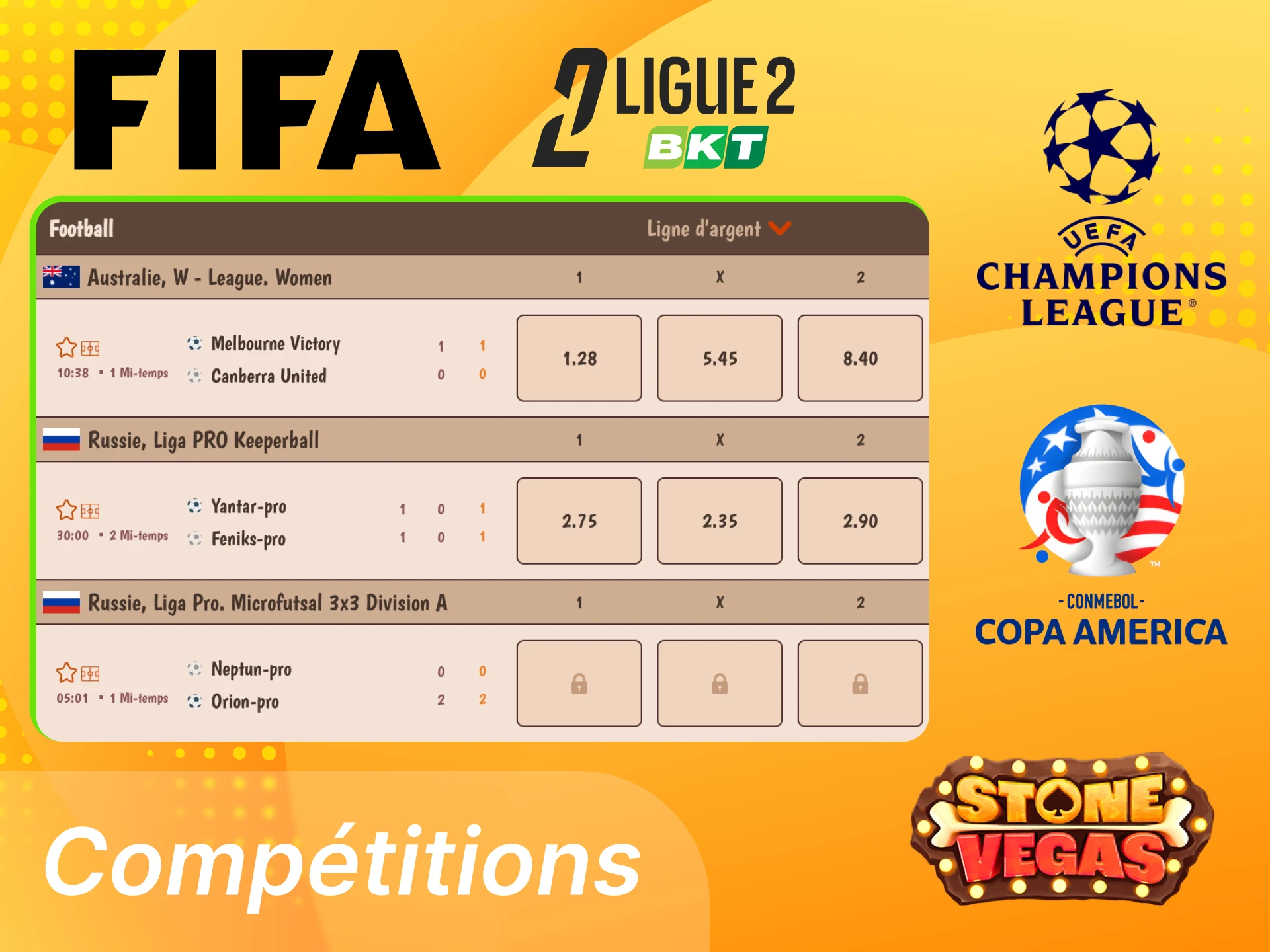 Compétitions football populaires sur Stonevegas ; Coupe du Monde, Euro, Ligue des Nations, Champions League, Ligue 1, Premier League, LaLiga et autres tournois majeurs.
