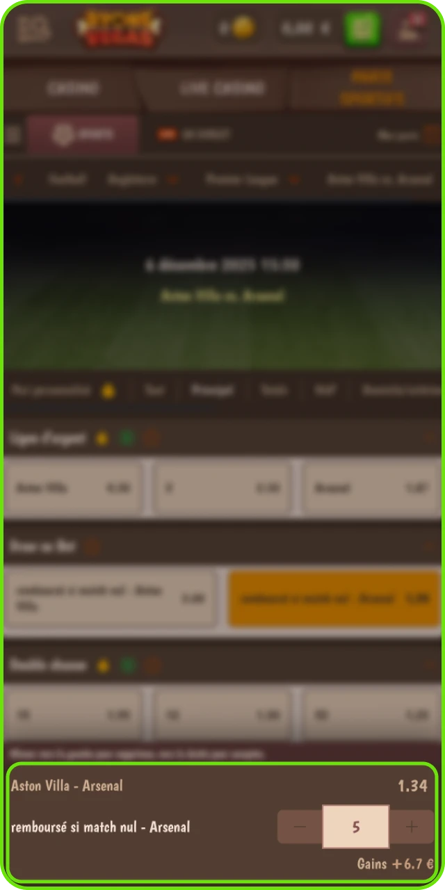 Ajout d un pari football Stonevegas au coupon avec mise et gain potentiel.