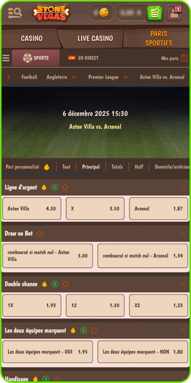 Choix d un match de football sur Stonevegas et affichage des marchés disponibles.