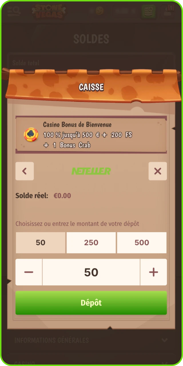 Dépôt de fonds sur Stonevegas avec méthode de paiement sélectionnée.