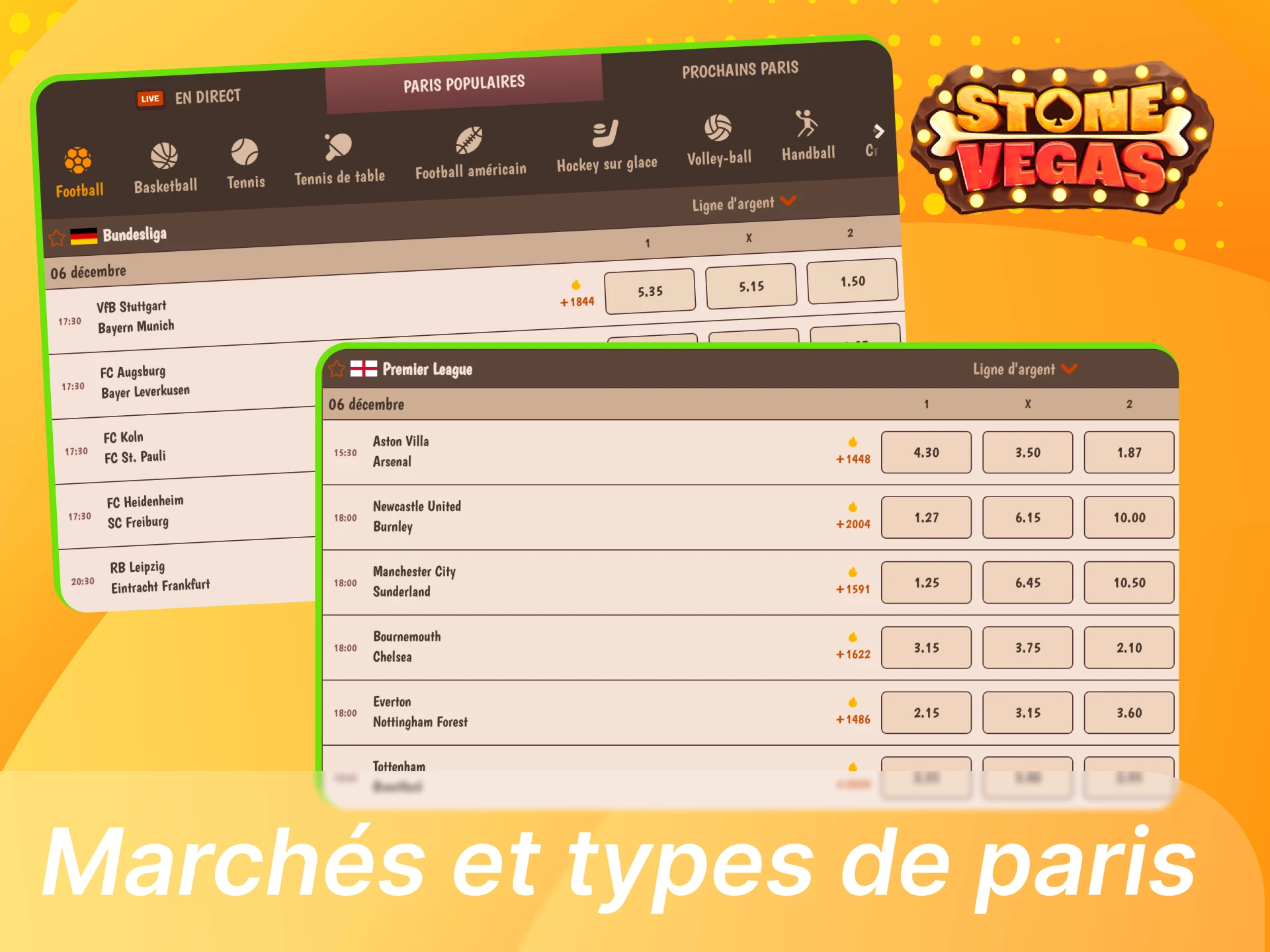 Marchés et types de paris football sur Stonevegas ; 1N2, double chance, total de buts, les deux équipes marquent, handicaps, corners.