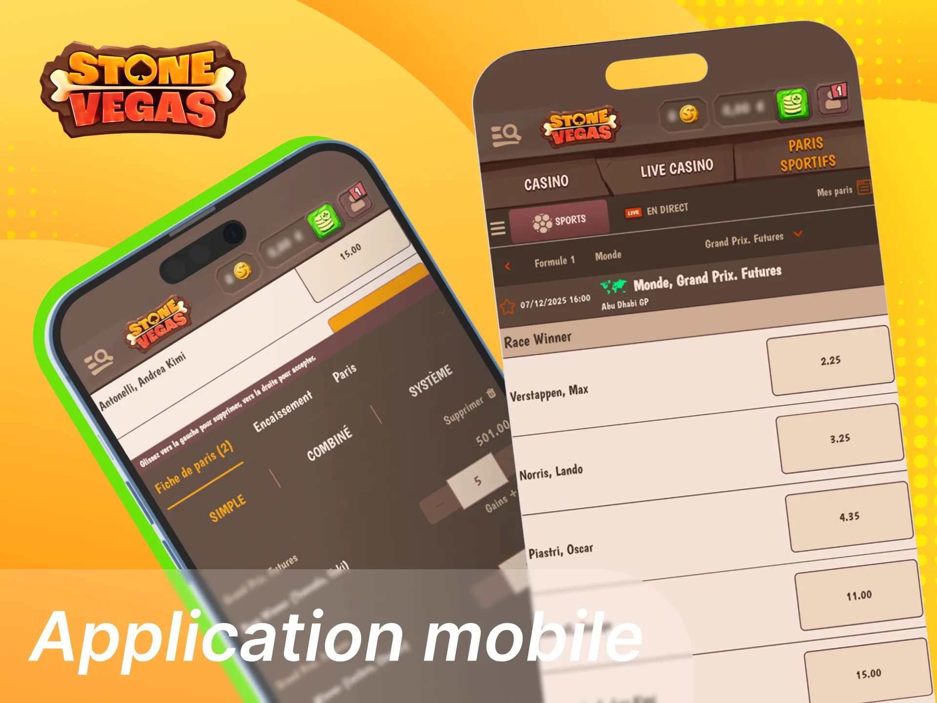 Parier sur la F1 via l’application mobile Stonevegas avec cotes en direct, marchés clés, suivi tour par tour et notifications.